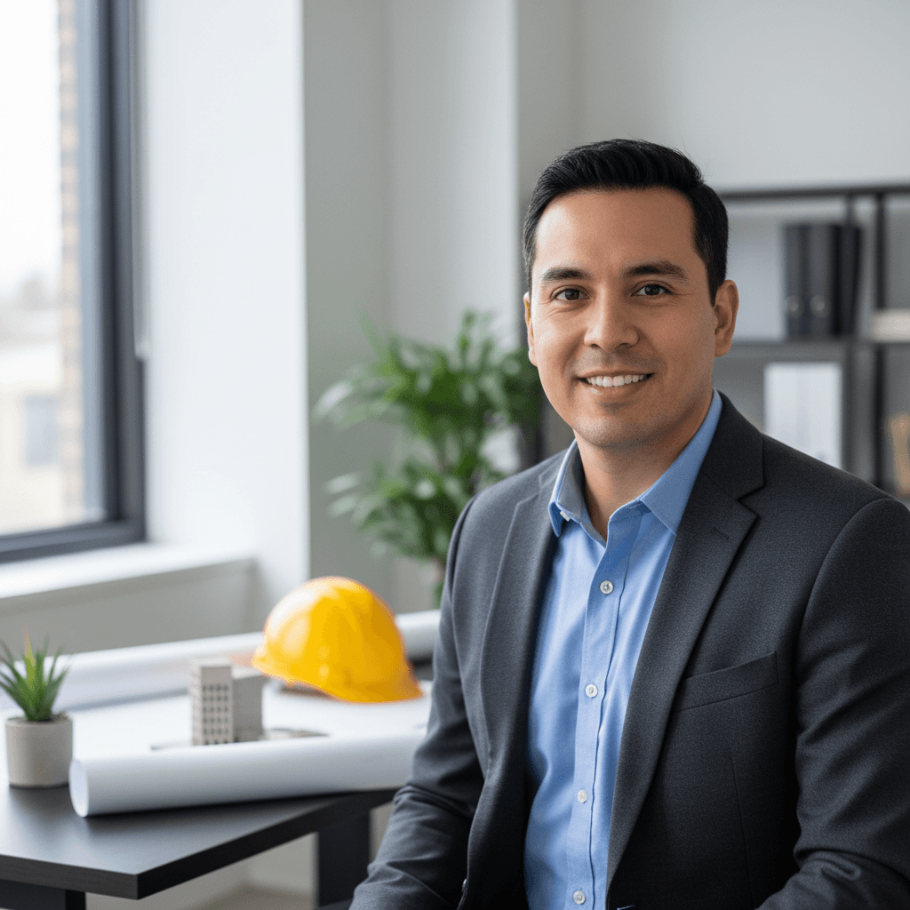 Smiling professional man in a blazer sitting at a desk with blueprints and a hard hat.