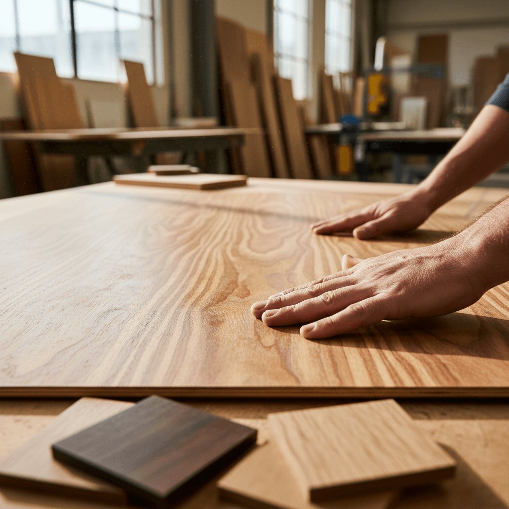 Wood samples and finish materials displayed side by side