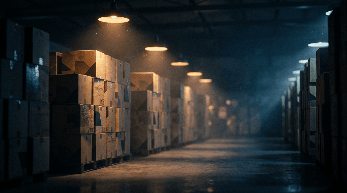 Construction materials warehouse with organized inventory and contractor reviewing stock