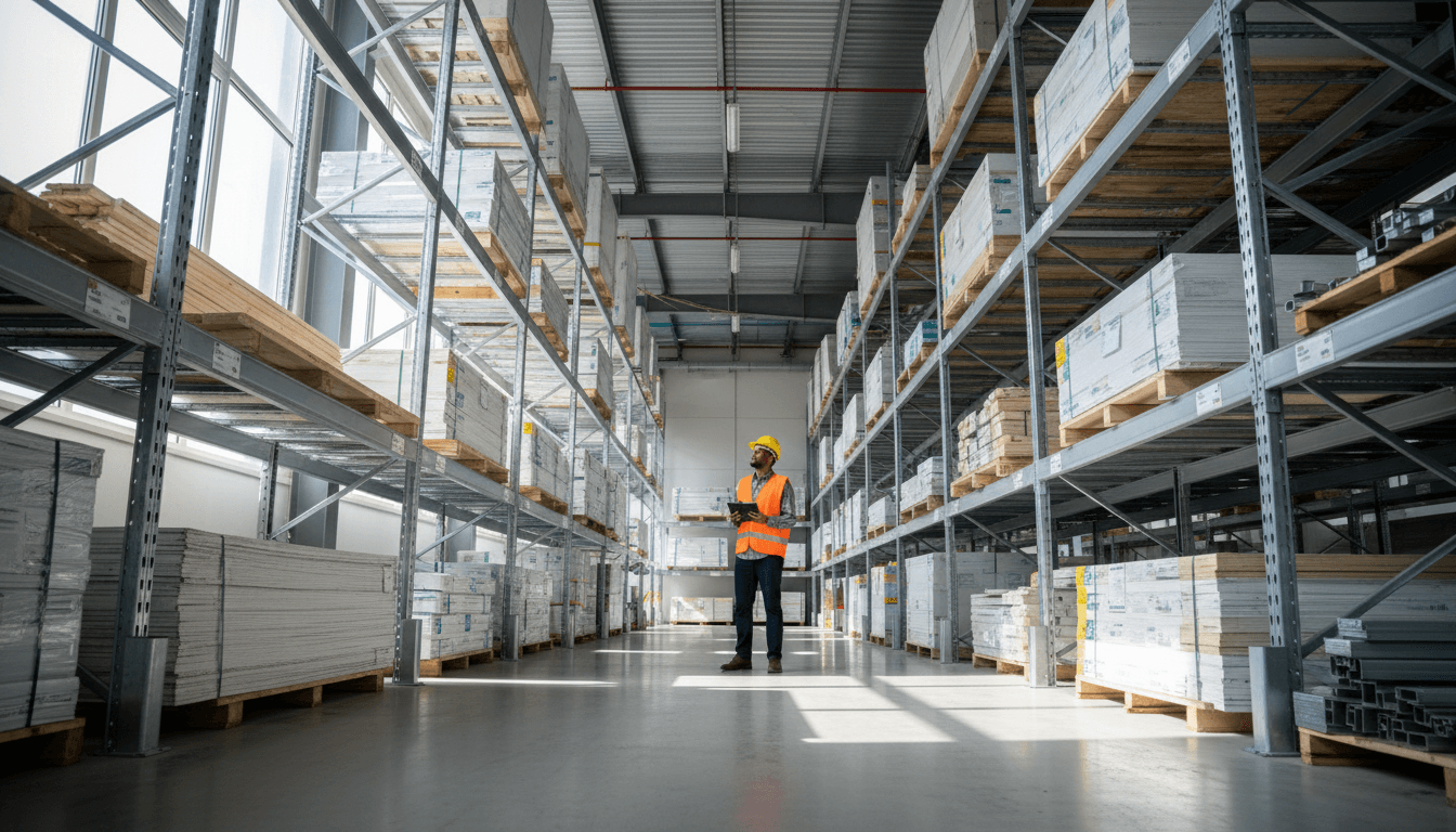 Construction materials warehouse with organized inventory and contractor reviewing products