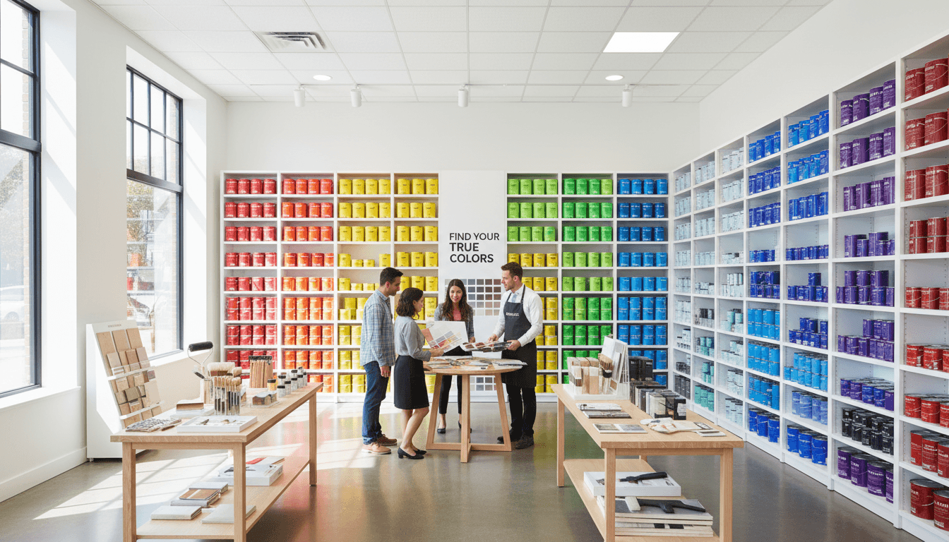 Commercial-grade paint cans and finishes displayed on shelving